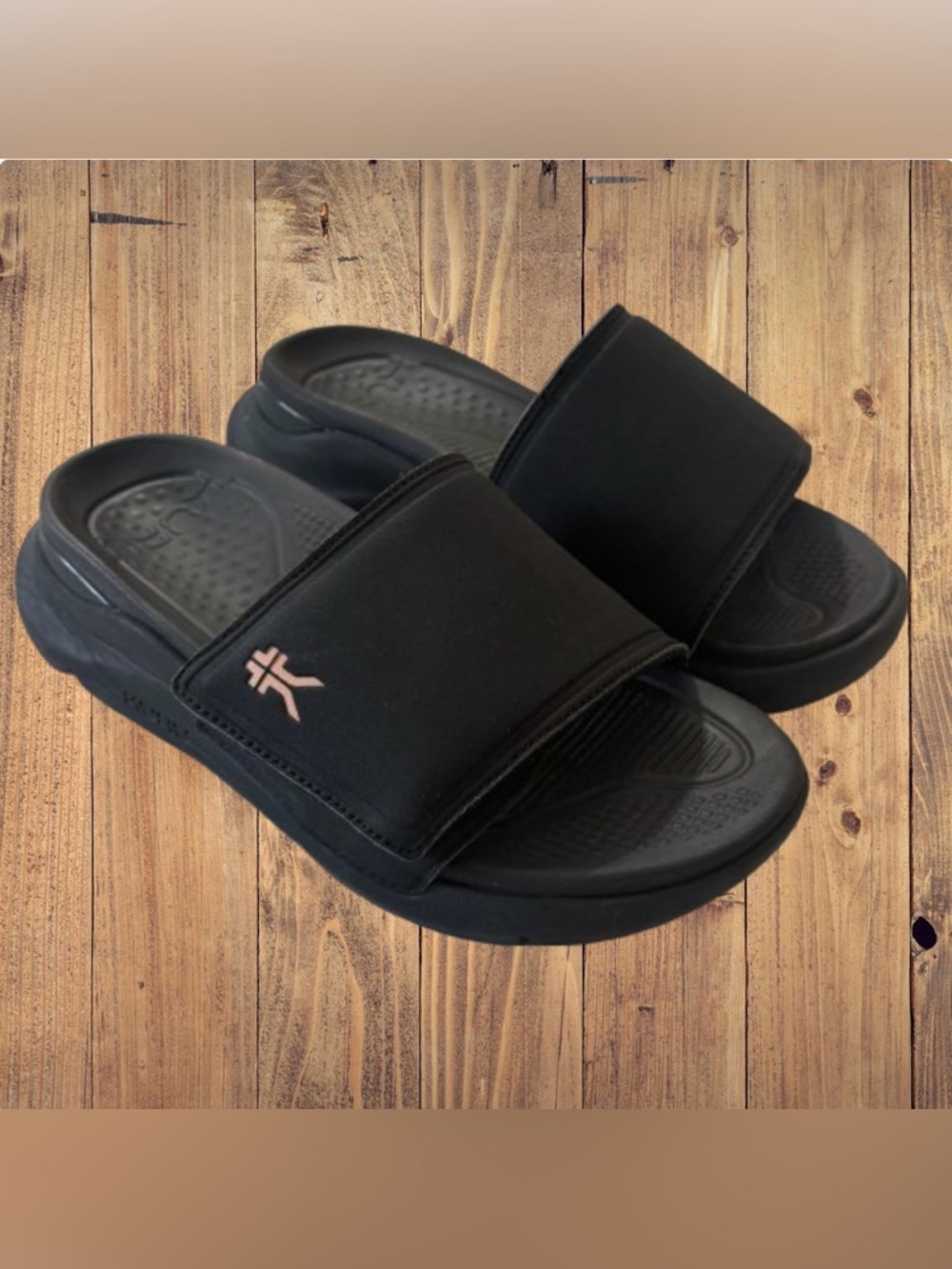 KURU Black Slide Sandals with Pink Accent Logo